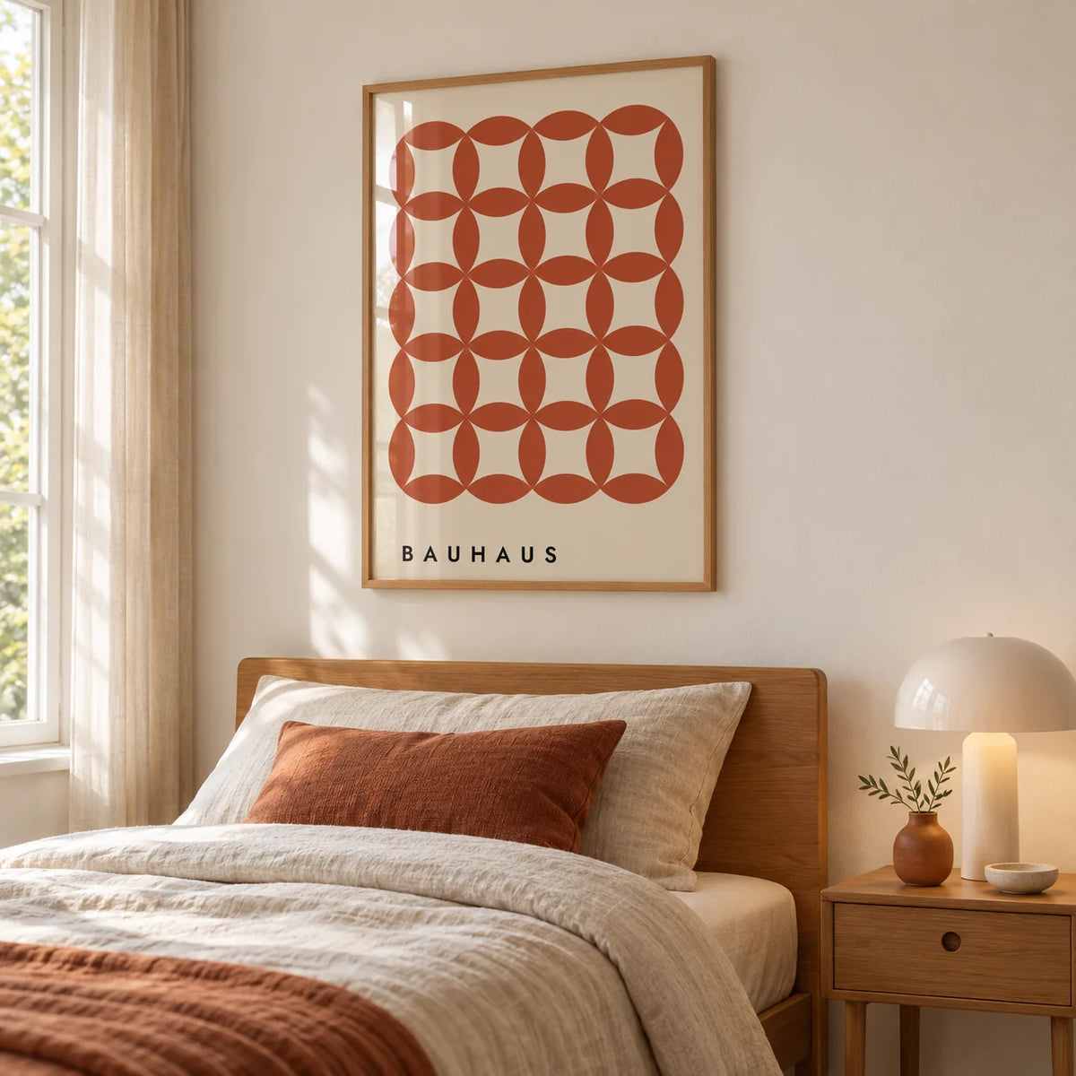 Geometric Wall Hanging, framed on the wall of a calm modern bedroom with a warm white wall