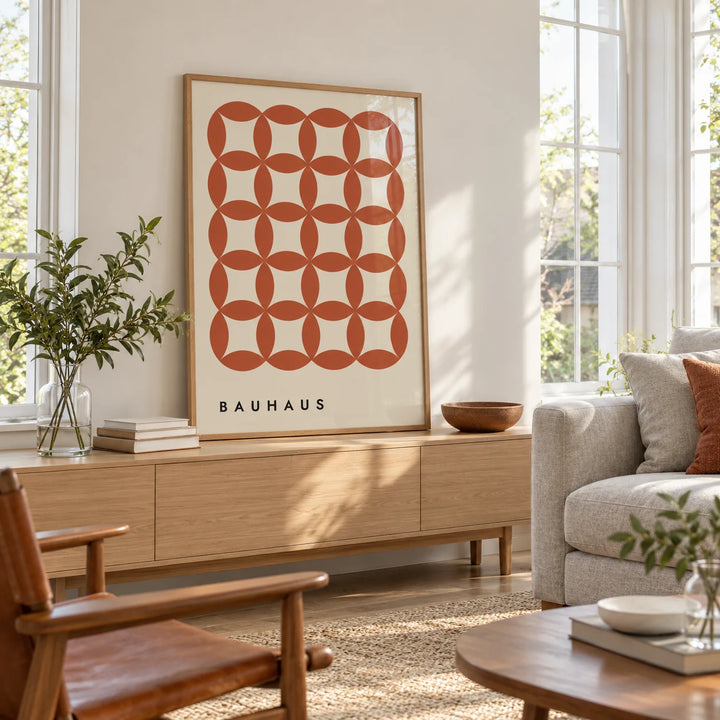 Geometric Wall Hanging, framed on the wall of a light living room with big windows