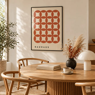Geometric Wall Hanging, framed on the wall of a warm in a dining room