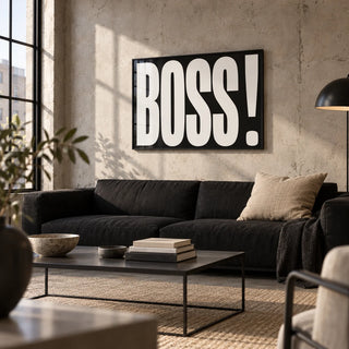 Gift for Boss, framed on the wall of a concrete loft living room with large steel windows