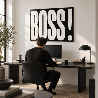 Gift for Boss, framed on the wall of a monochrome home office with a white wall