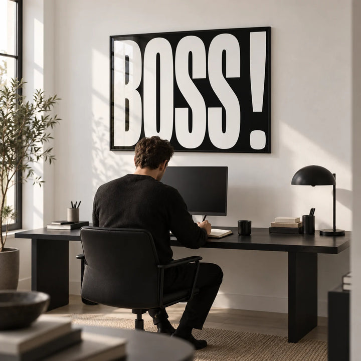 Gift for Boss, framed on the wall of a monochrome home office with a white wall