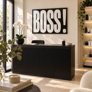 Gift for Boss, framed on the wall of a the reception of a small beauty salon owned by a woman in a kitchen
