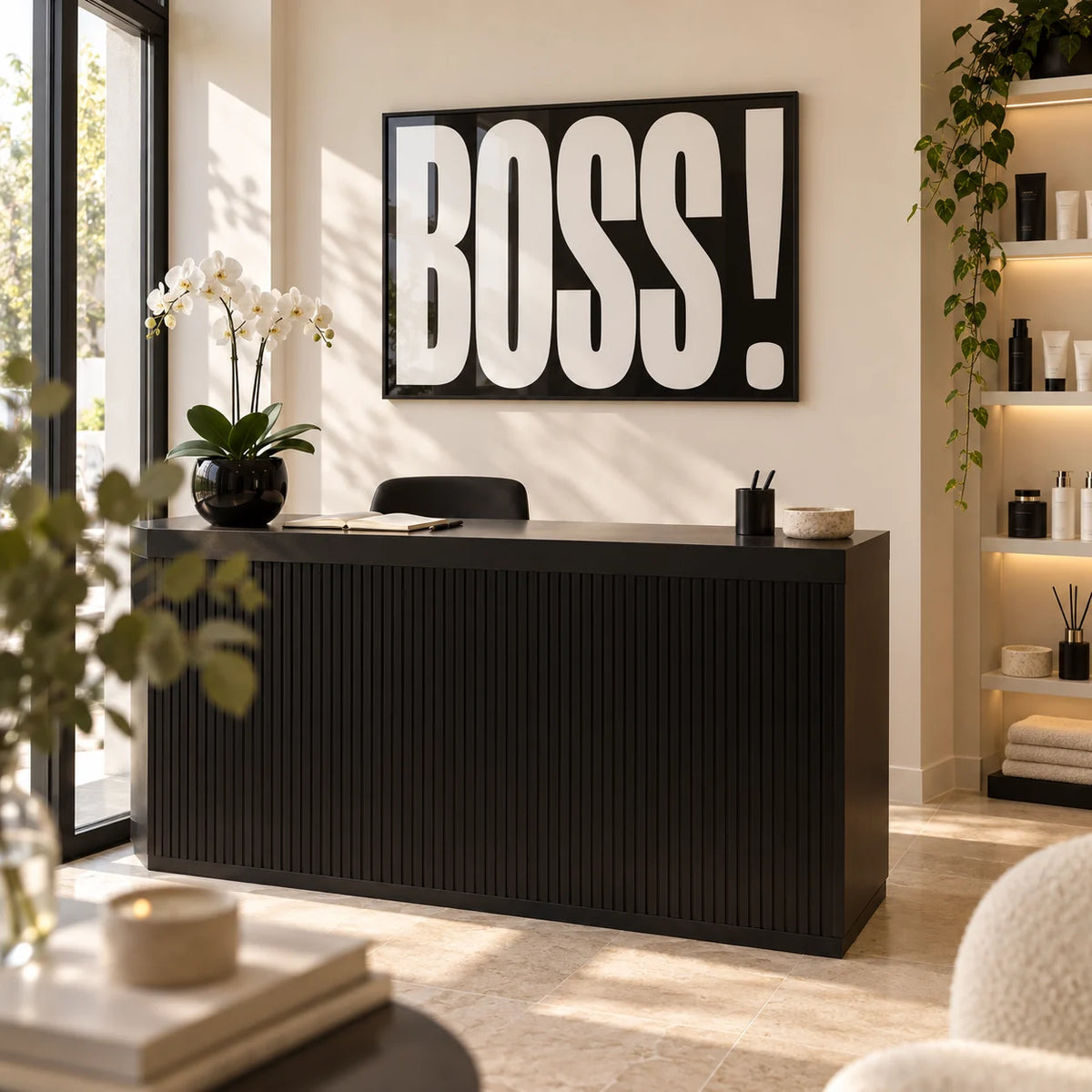 Gift for Boss, framed on the wall of a the reception of a small beauty salon owned by a woman in a kitchen