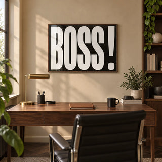 Gift for Boss, framed on the wall of a smart home study with a warm beige wall and a dark herringbone floor