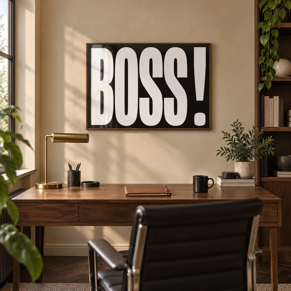 Gift for Boss, framed on the wall of a smart home study with a warm beige wall and a dark herringbone floor