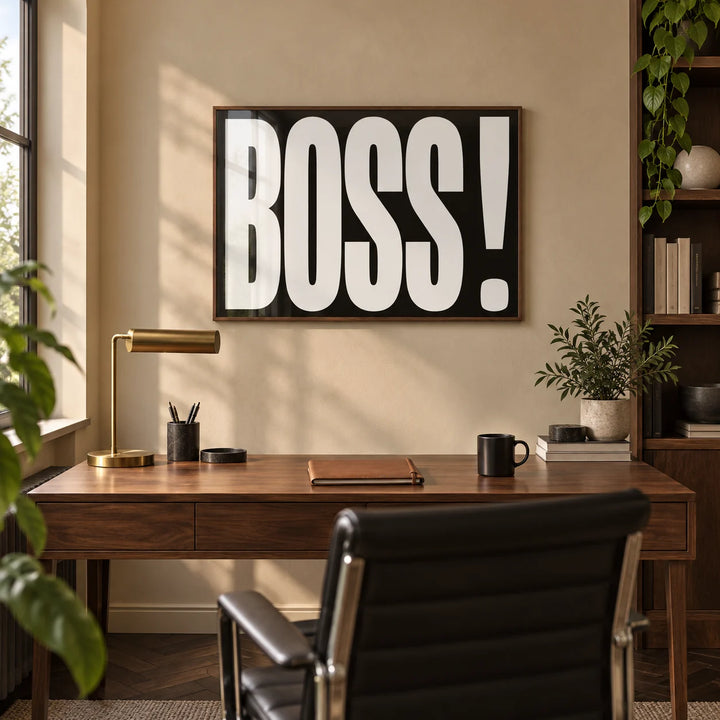 Gift for Boss, framed on the wall of a smart home study with a warm beige wall and a dark herringbone floor