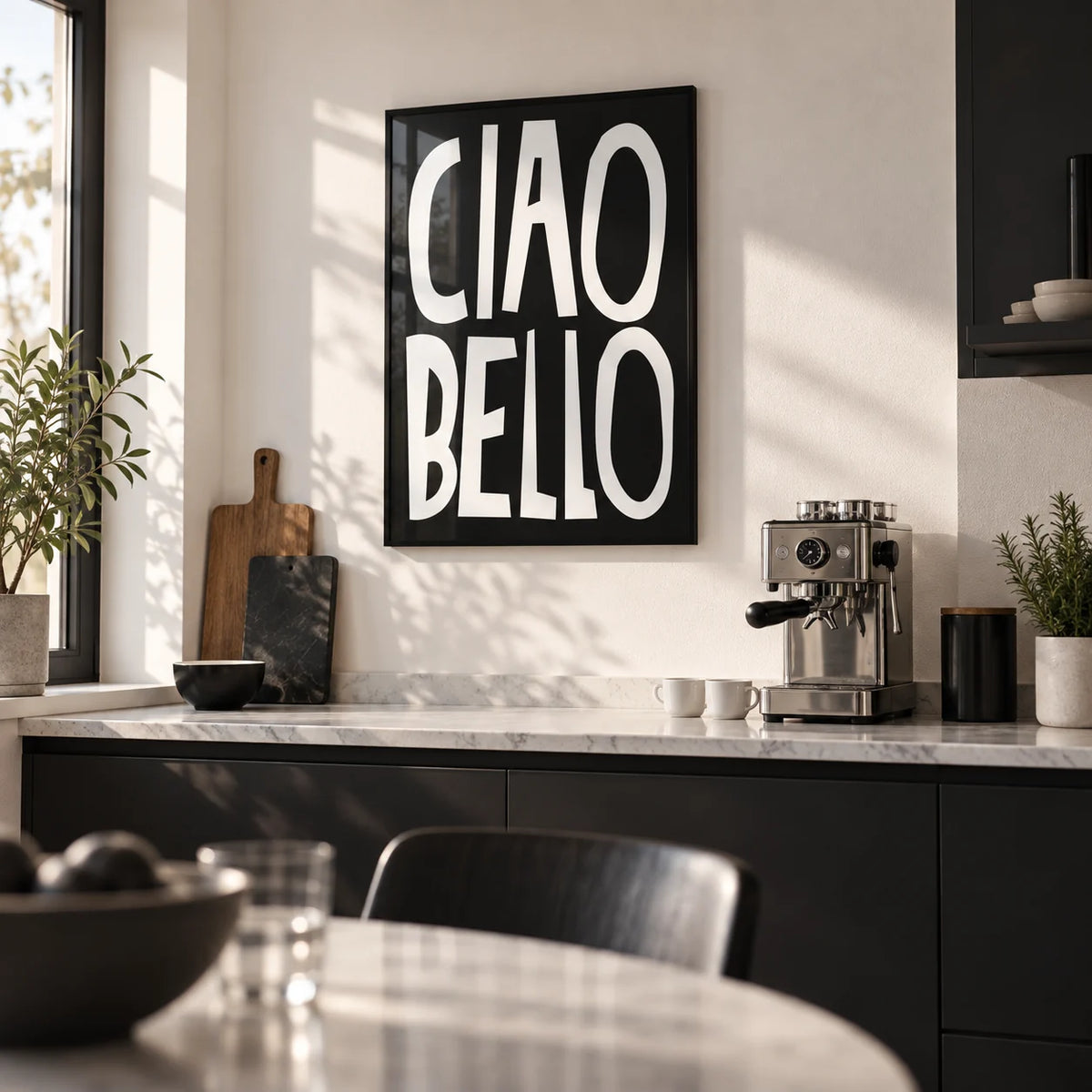 Gift for Italian Man, framed on the wall of a modern black and white kitchen