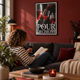 Gift for Wine Lovers, framed on the wall of a cosy living room with a deep red wall