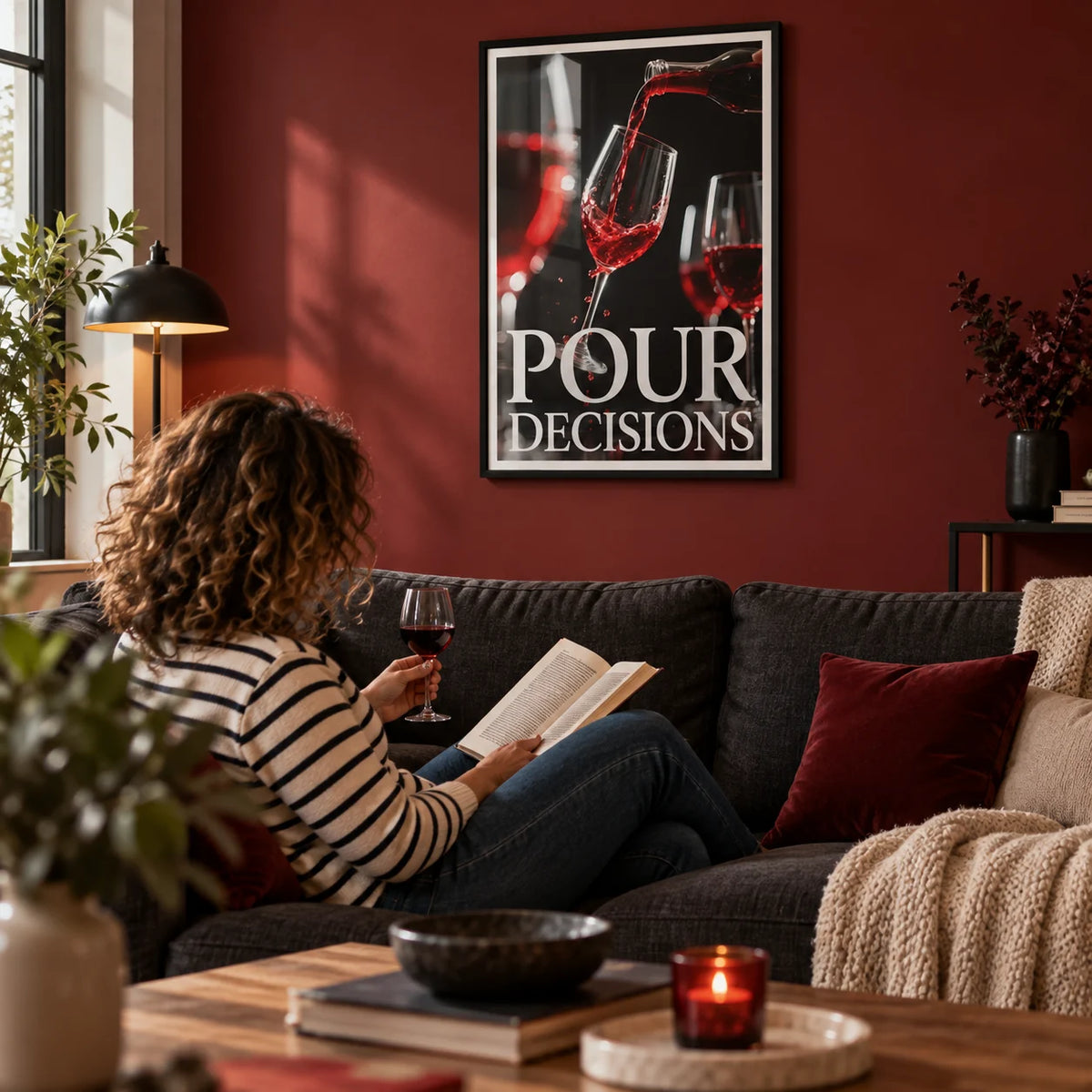 Gift for Wine Lovers, framed on the wall of a cosy living room with a deep red wall