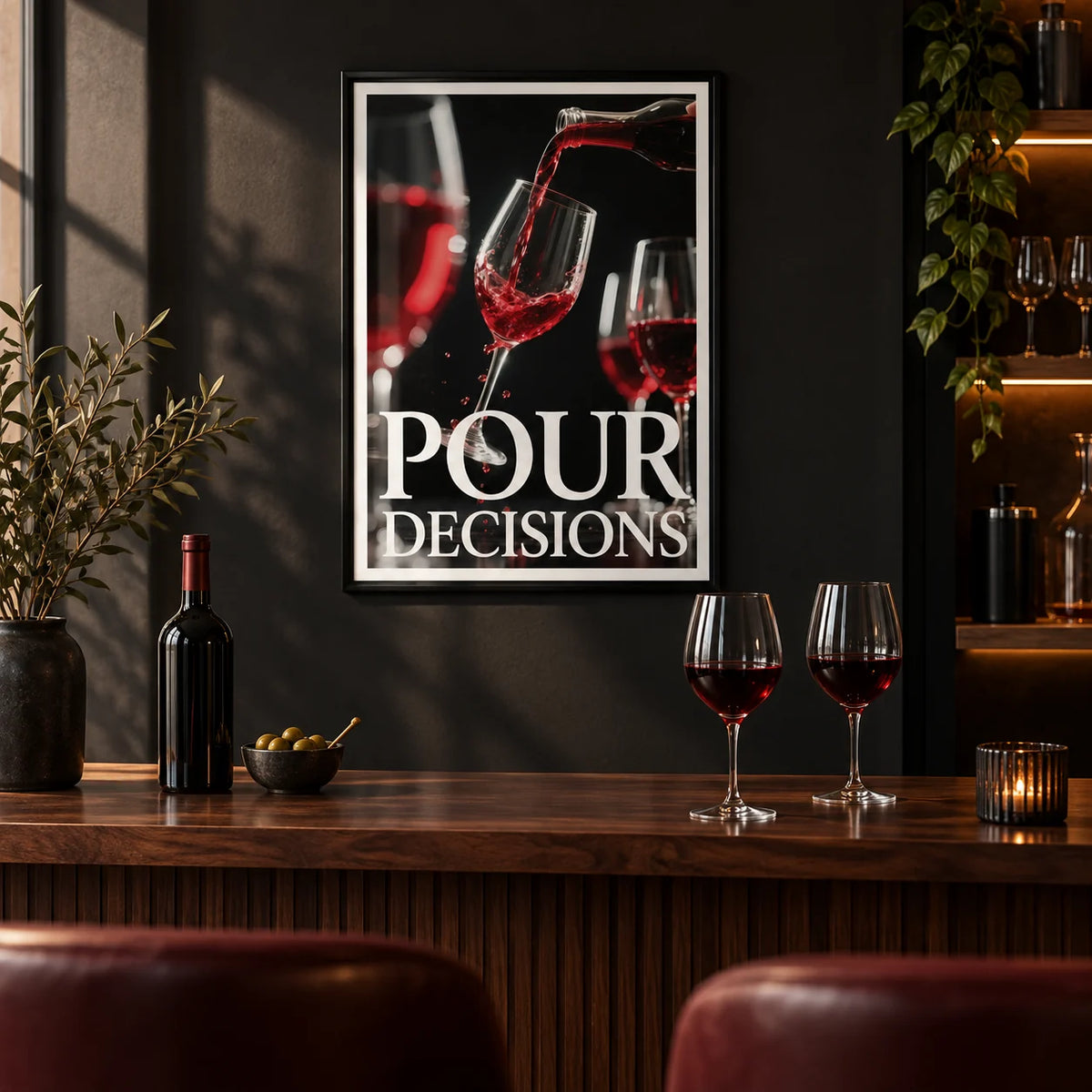 Gift for Wine Lovers, framed on the wall of a dark modern home bar with a black painted wall in a living room