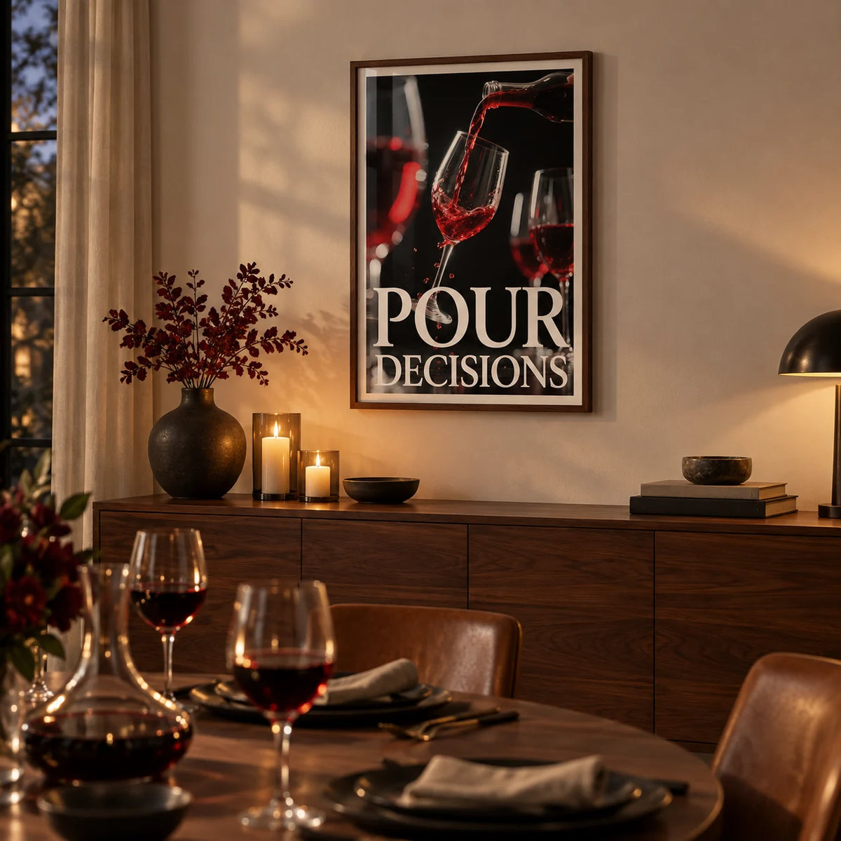Gift for Wine Lovers, framed on the wall of a dining room in the evening with a warm white wall