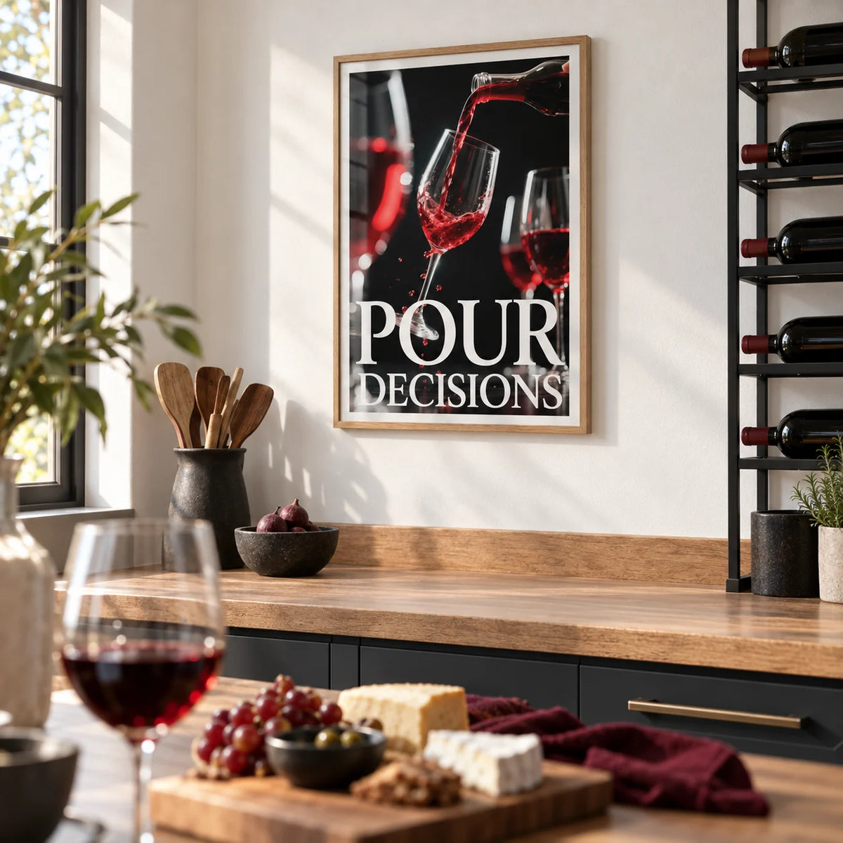 Gift for Wine Lovers, framed on the wall of a modern kitchen with a white wall and an oak worktop