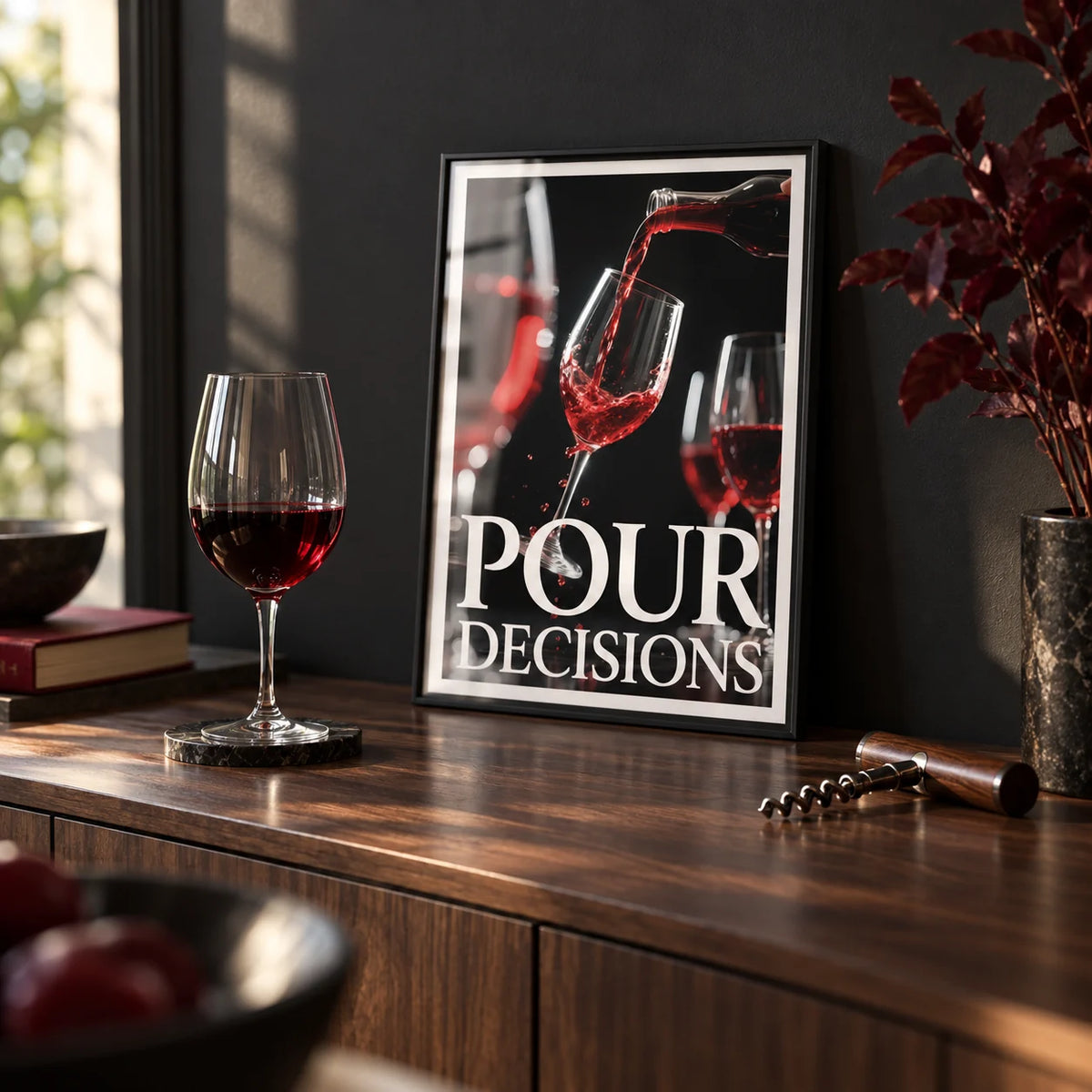 Gift for Wine Lovers, a small A4 framed print leaning on a walnut sideboard in a living room