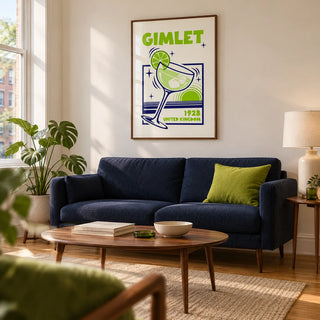 Gimlet Cocktail Poster, framed on the wall of a retro modern living room in a UK city flat with a warm white wall and an uncluttered oak floor