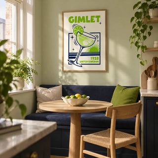 Gimlet Cocktail Poster, framed on the wall of a small kitchen breakfast nook in a first UK flat for a couple aged 25-35 with a pale green wall