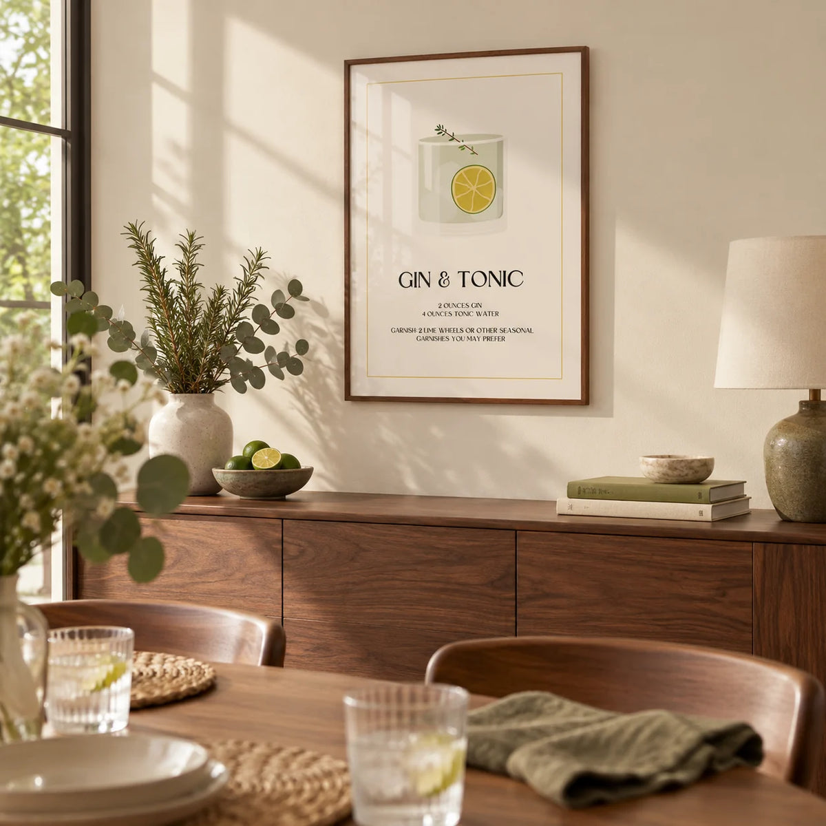 Gin and Tonic Wall Art, framed on the wall of a calm dining room with a warm cream wall