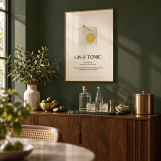 Gin and Tonic Wall Art, framed on the wall of a calm home bar with a deep green painted wall in a living room
