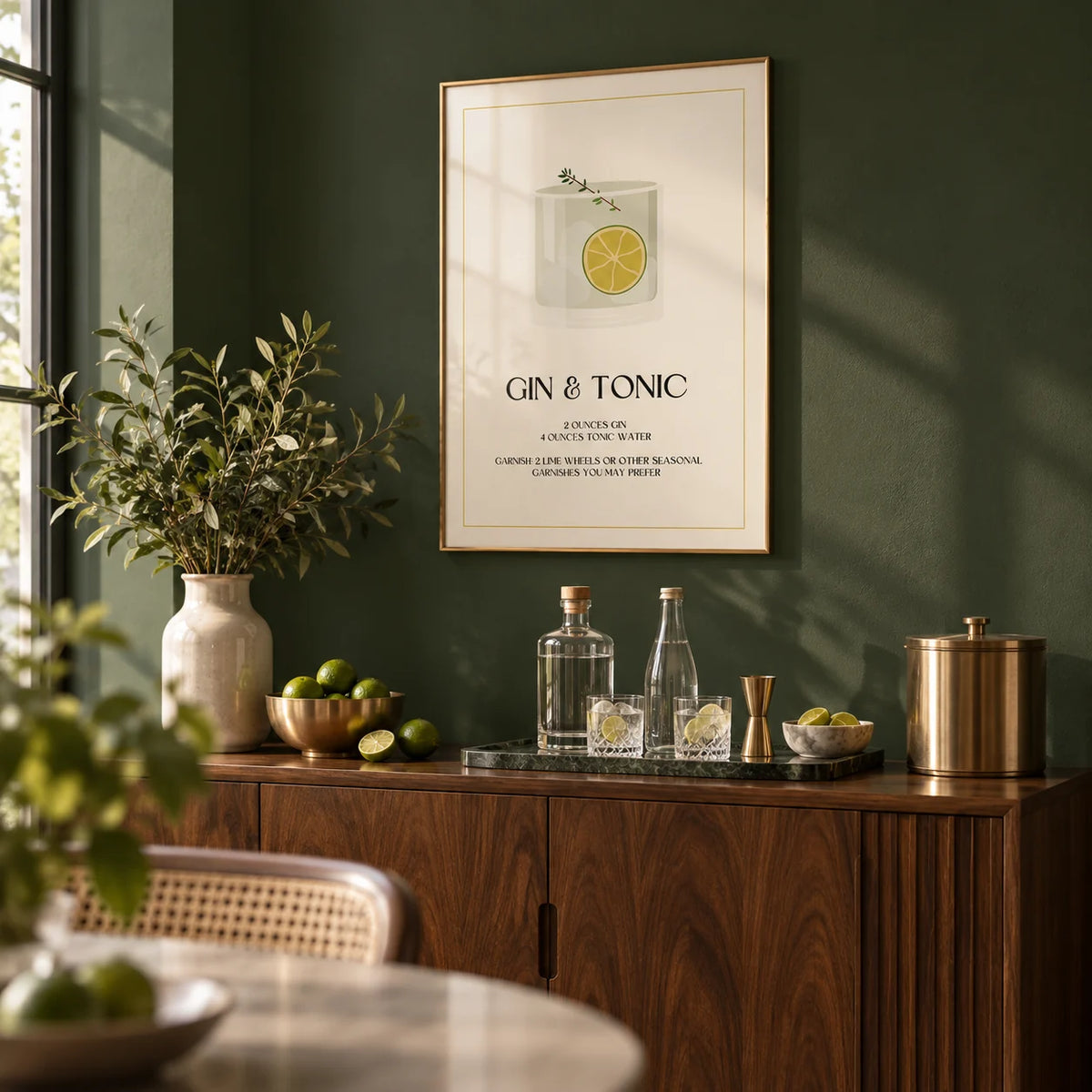 Gin and Tonic Wall Art, framed on the wall of a calm home bar with a deep green painted wall in a living room