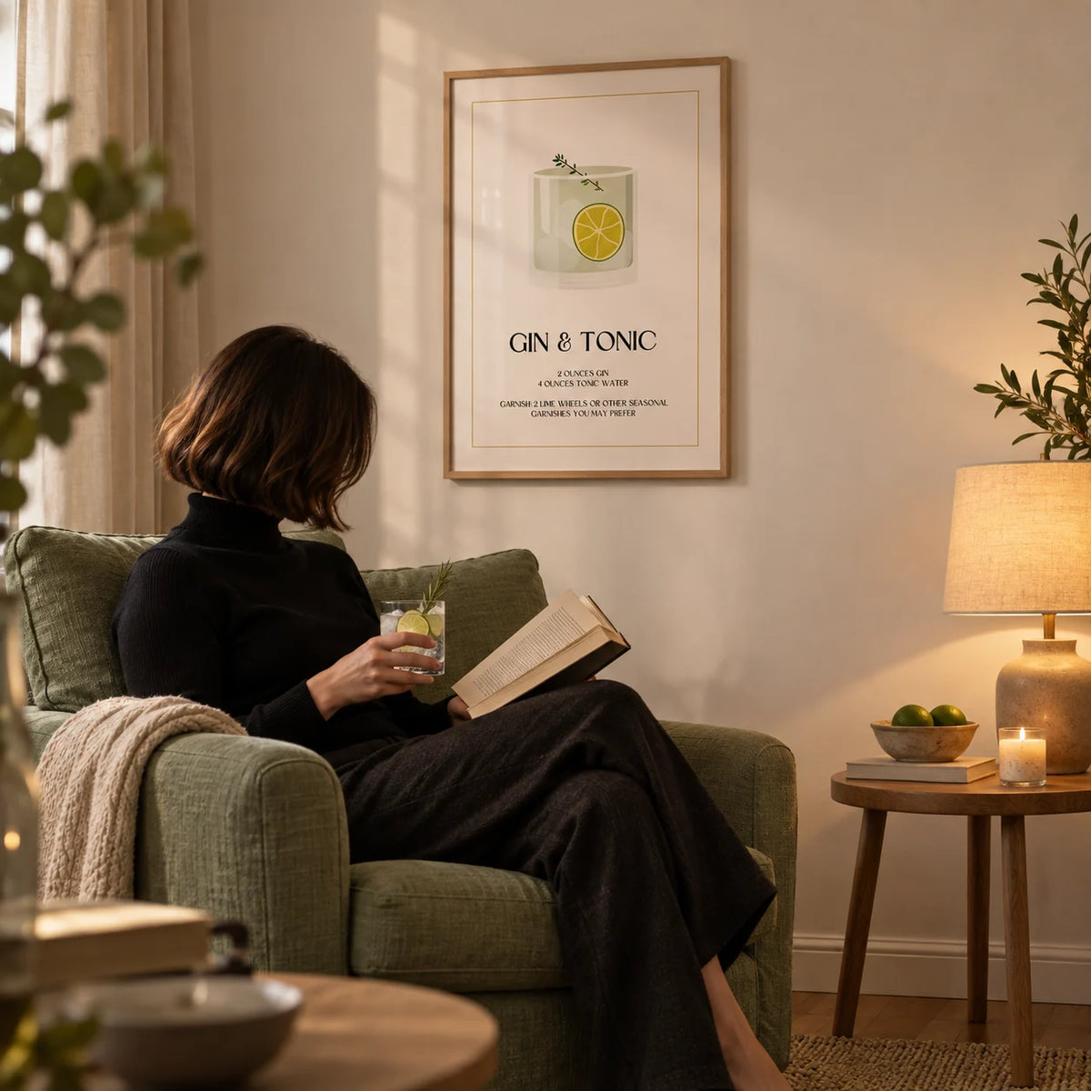 Gin and Tonic Wall Art, framed on the wall of a calm living room with a cream wall
