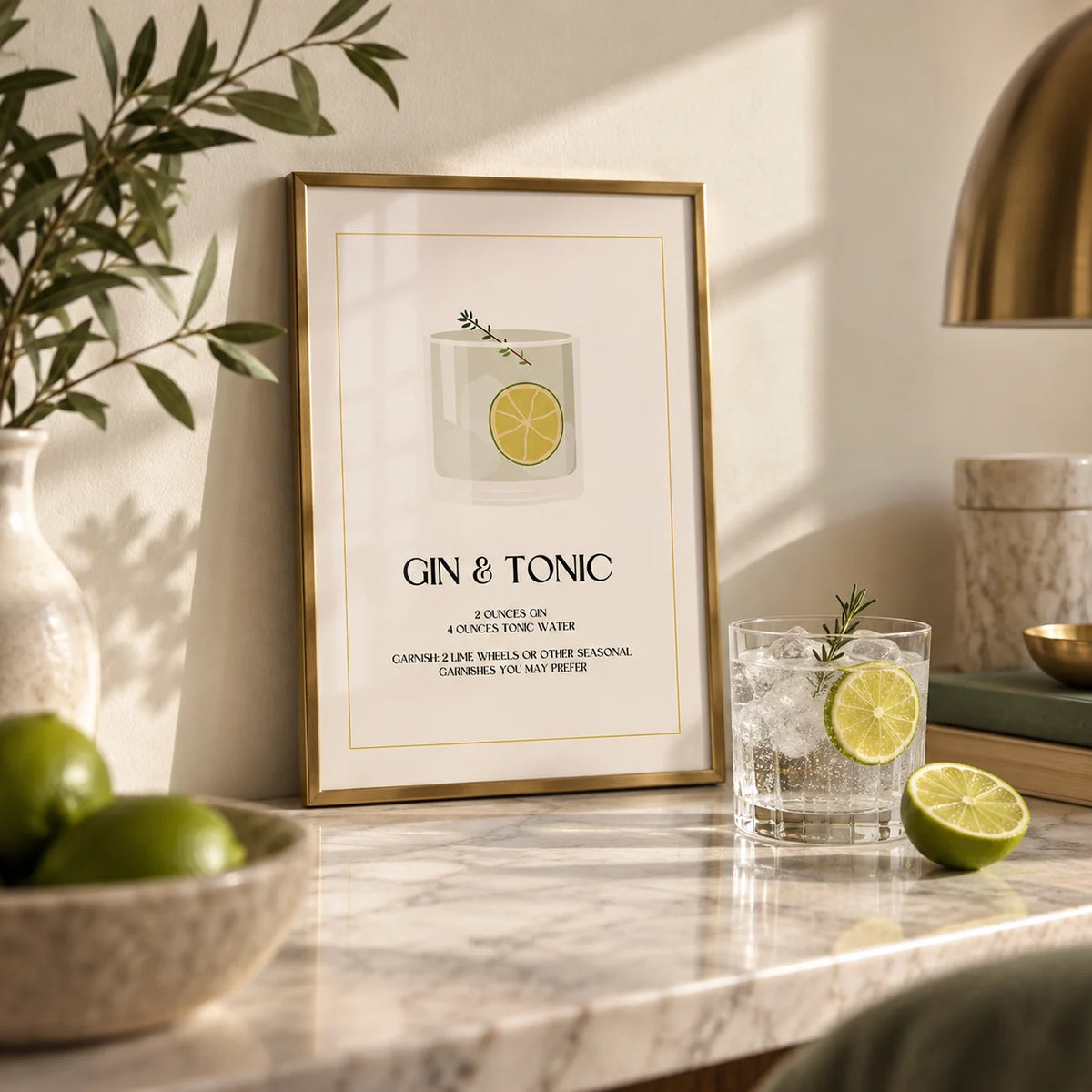 Gin and Tonic Wall Art, a small A4 framed print leaning on a marble shelf in a living room