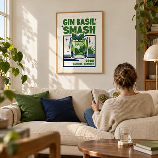 Gin Basil Smash Poster, framed on the wall of a bright living room in a first owned flat for a couple aged 28-35