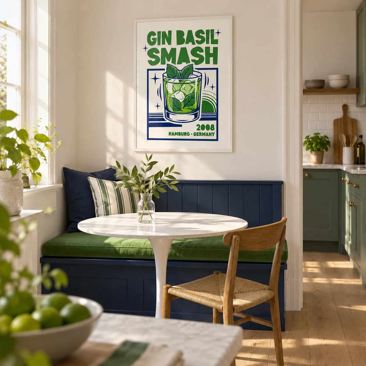 Gin Basil Smash Poster, framed on the wall of a compact kitchen breakfast nook in a UK terrace with a built-in navy bench