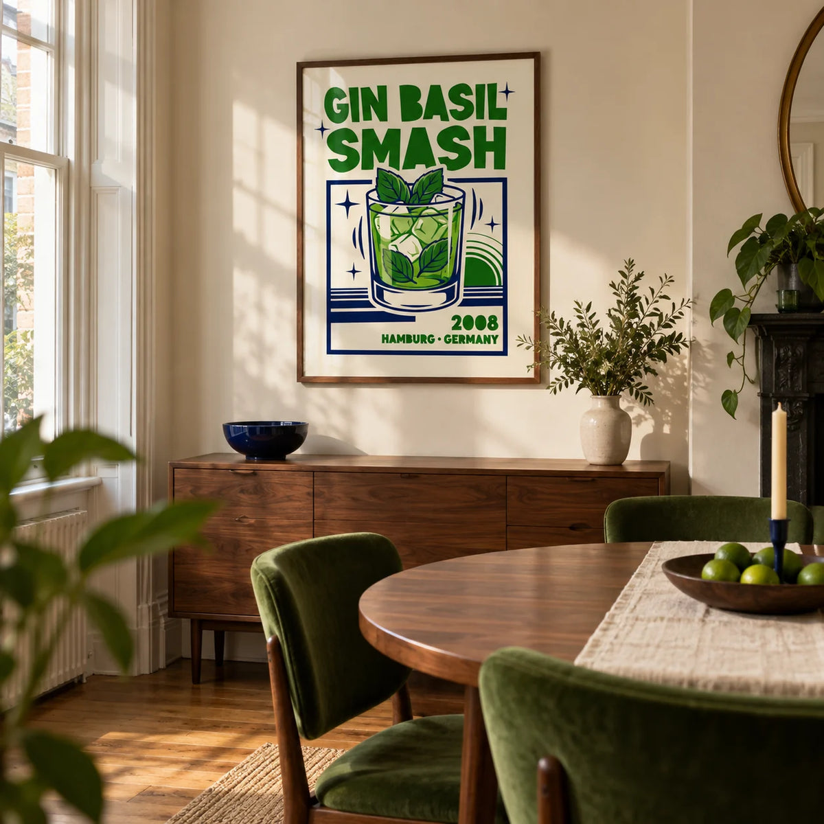 Gin Basil Smash Poster, framed on the wall of a design-led dining room in a Victorian terrace with warm ivory walls and walnut floorboards