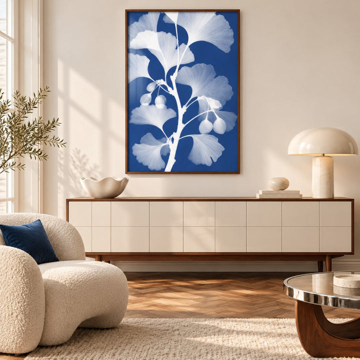 Ginkgo Cyanotype Print styled in a hallway (frame not included)