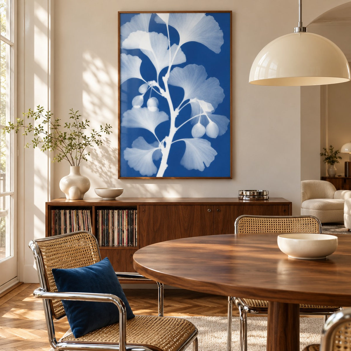 Ginkgo Cyanotype Print styled in a dining room (frame not included)