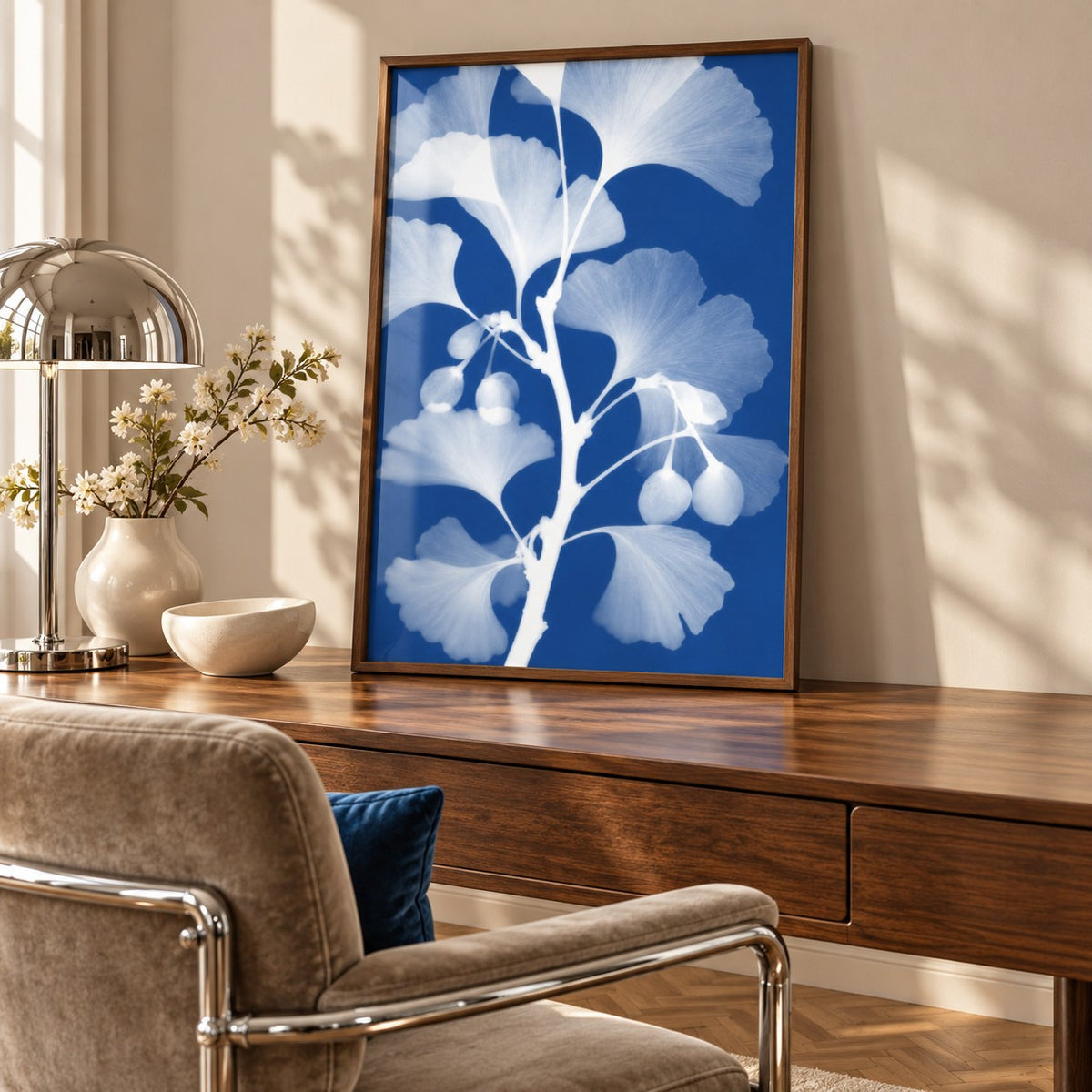 Ginkgo Cyanotype Print styled in a home office (frame not included)