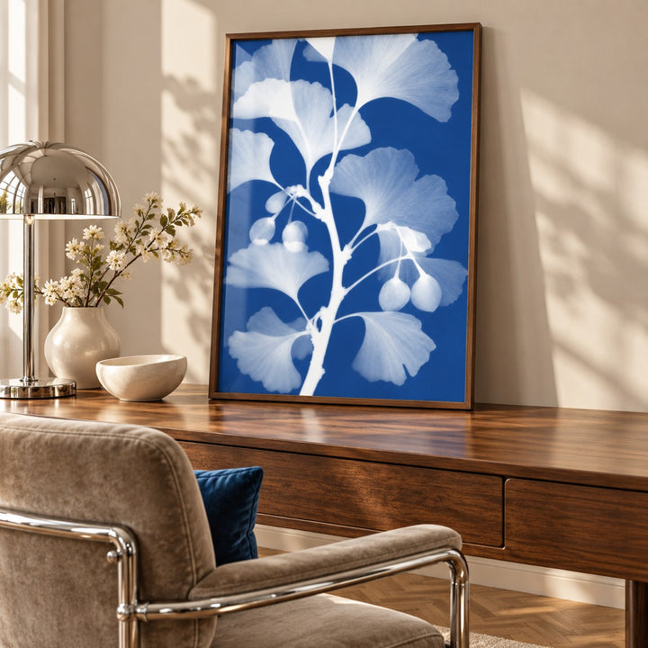 Ginkgo Cyanotype Print styled in a home office (frame not included)