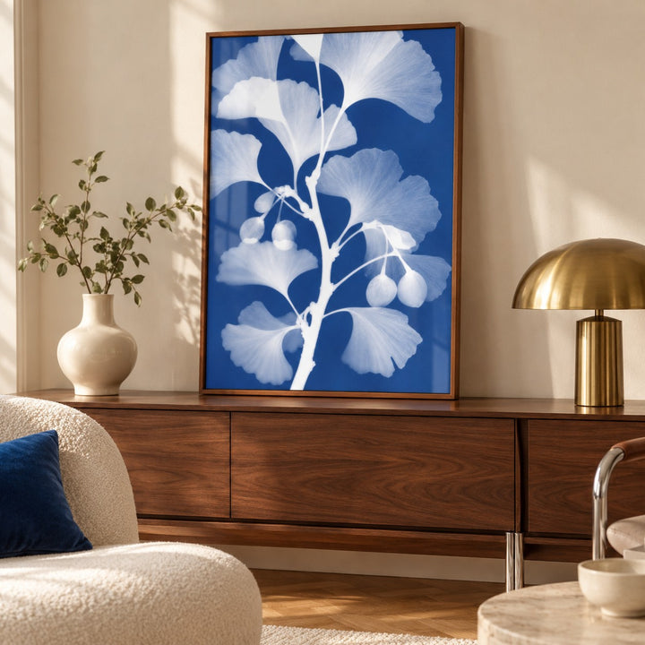 Ginkgo Cyanotype Print shown close up on a sideboard (frame not included)