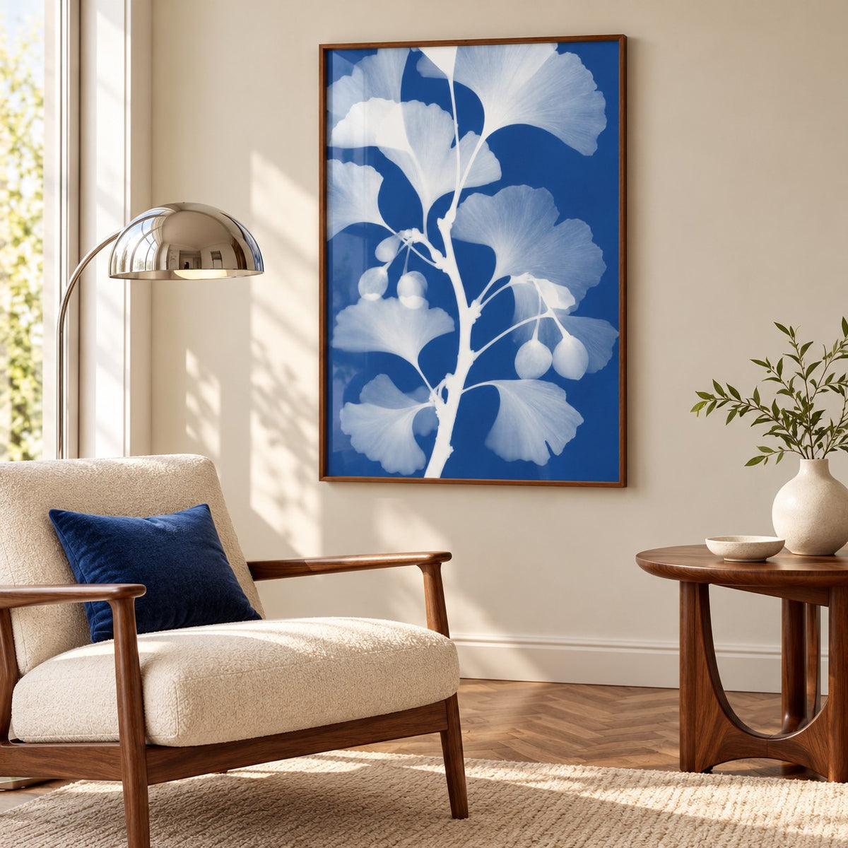 Ginkgo Cyanotype Print styled in a reading corner (frame not included)