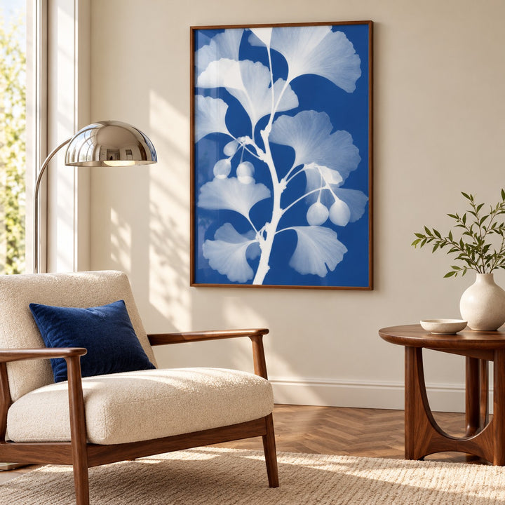 Ginkgo Cyanotype Print styled in a reading corner (frame not included)