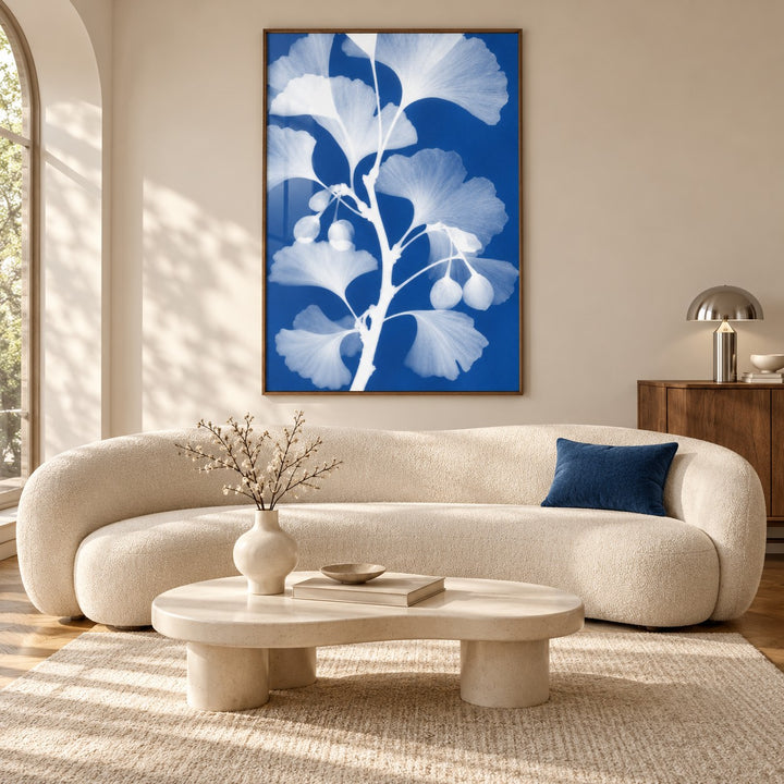 Ginkgo Cyanotype Print styled in a living room (frame not included)