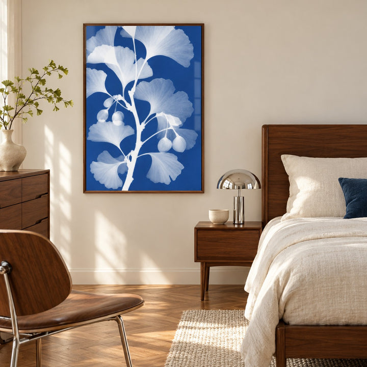 Ginkgo Cyanotype Print styled in a bedroom (frame not included)