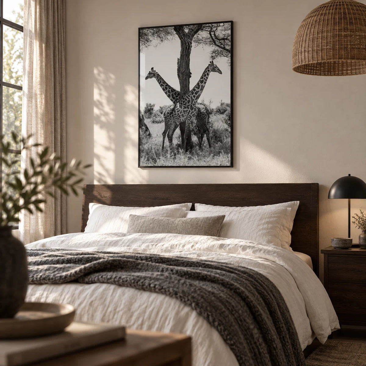 Giraffe Black And White Art Print, framed on the wall of a calm bedroom