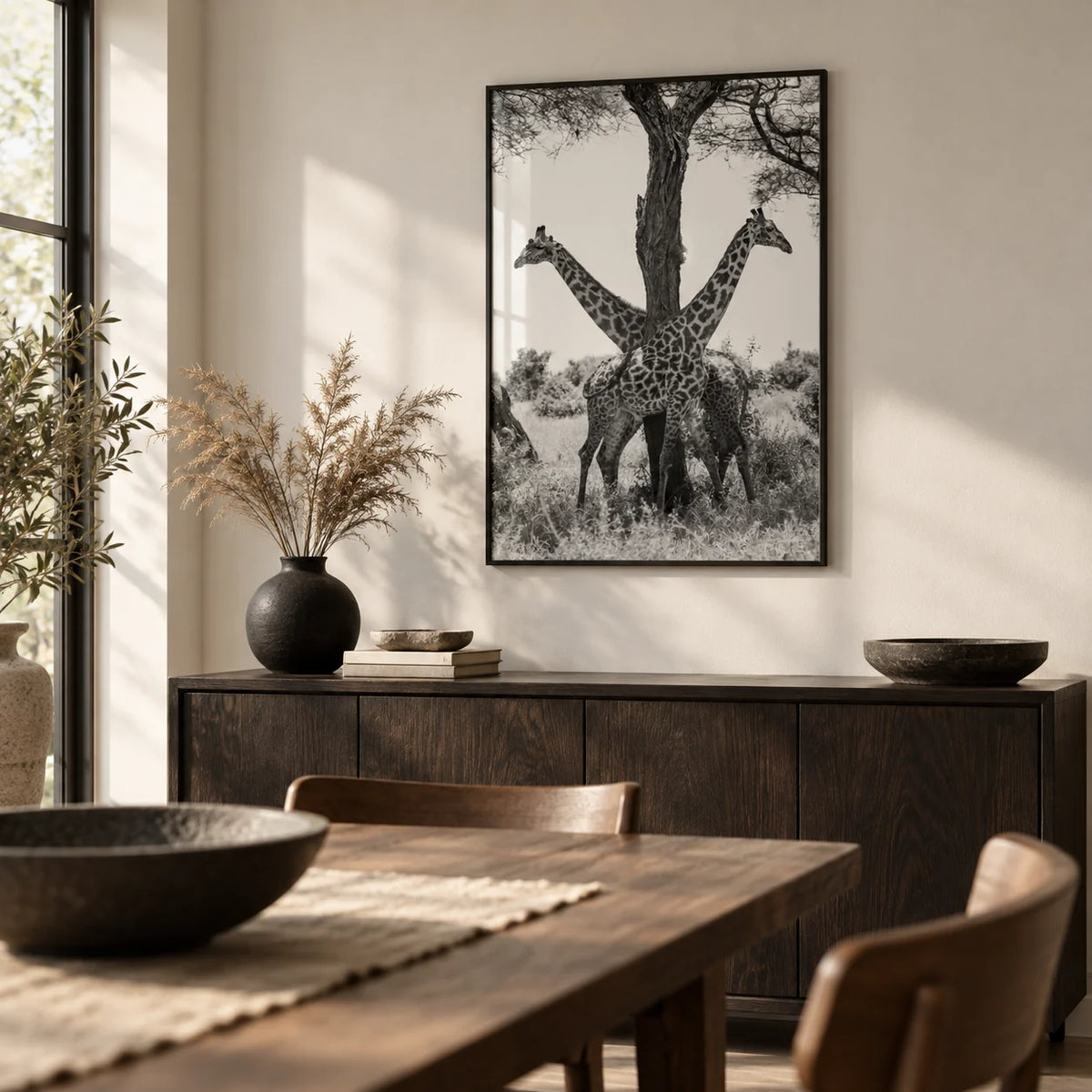 Giraffe Black And White Art Print, framed on the wall of a calm dining room