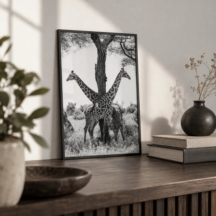 Giraffe Black And White Art Print, a small A4 framed print leaning on a dark wood shelf in a living room