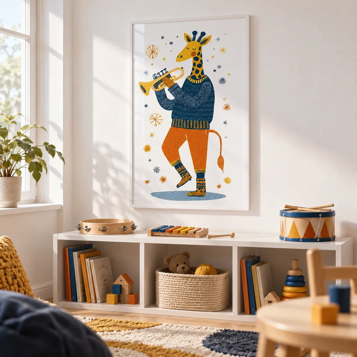 Giraffe Music Art Print, framed on the wall of a bright playroom with a white wall