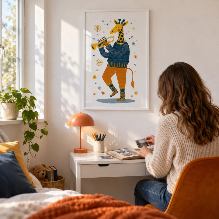 Giraffe Music Art Print, framed on the wall of a child's bedroom corner with a white wall