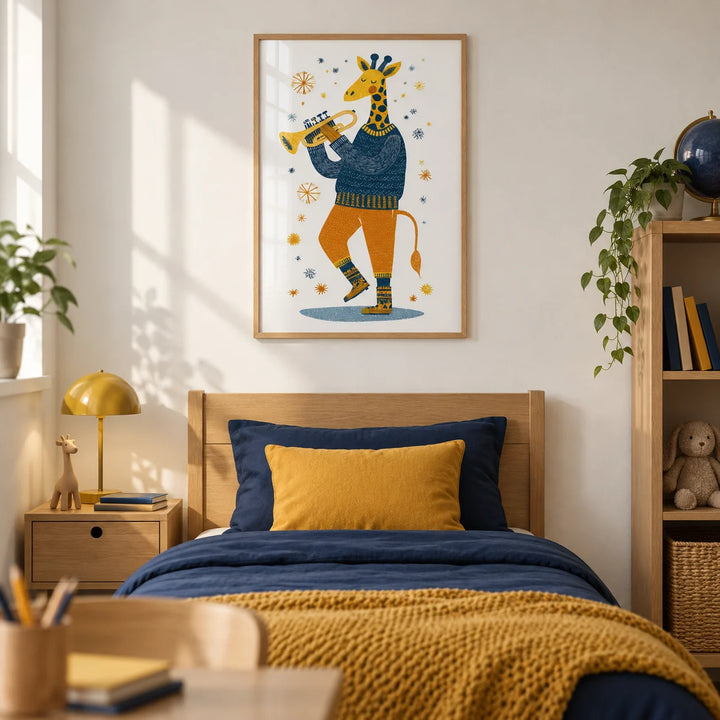 Giraffe Music Art Print, framed on the wall of a child's bedroom with a soft white wall