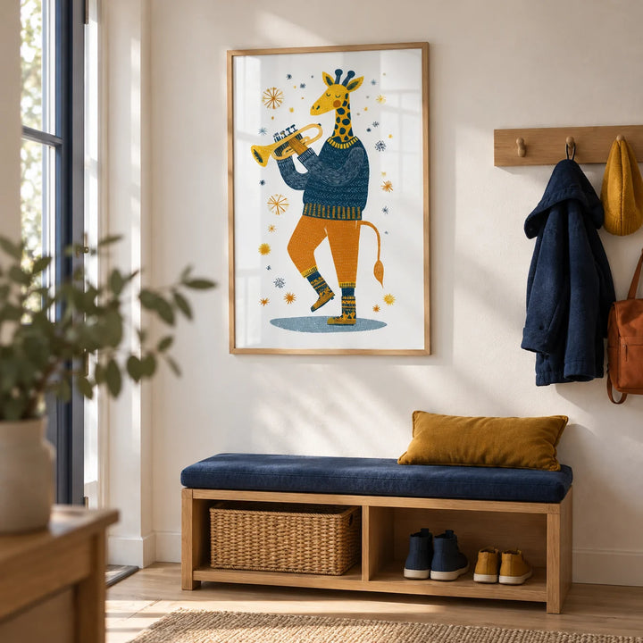 Giraffe Music Art Print, framed on the wall of a family hallway with a white wall