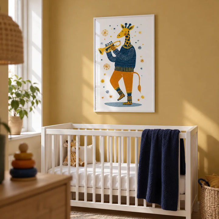 Giraffe Music Art Print, framed on the wall of a nursery with a pale mustard wall
