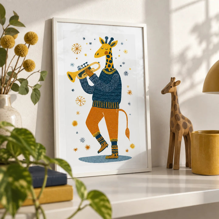 Giraffe Music Art Print, a small A4 framed print leaning on a white shelf in a living room