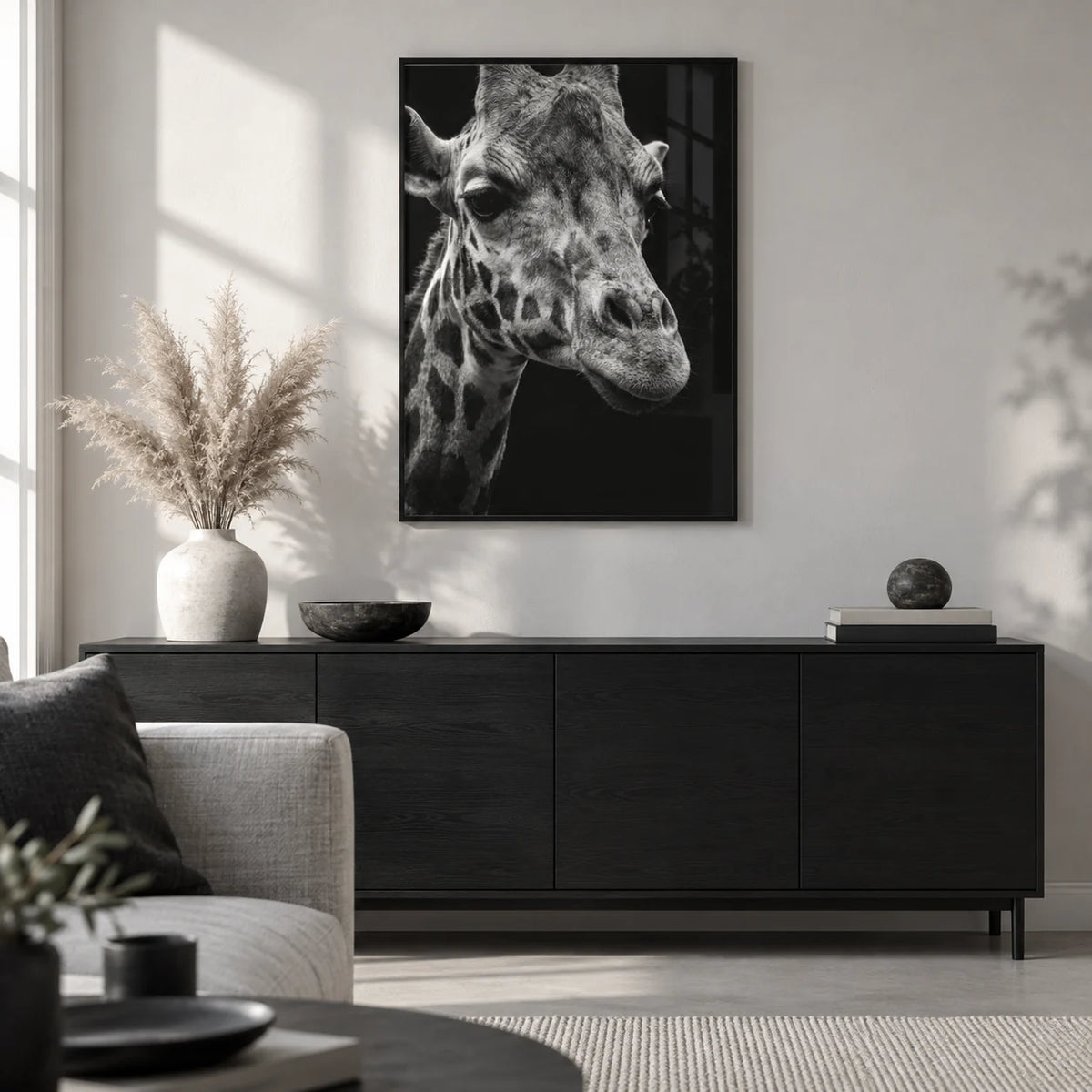 Giraffe Photography Poster, framed on the wall of a monochrome living room