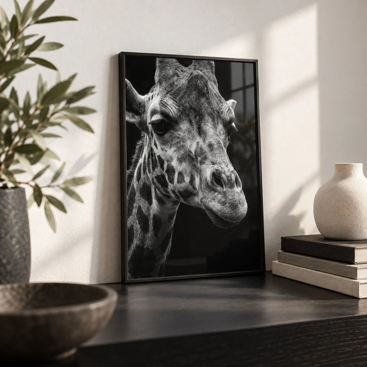 Giraffe Photography Poster, a small A4 framed print leaning on a black shelf in a living room