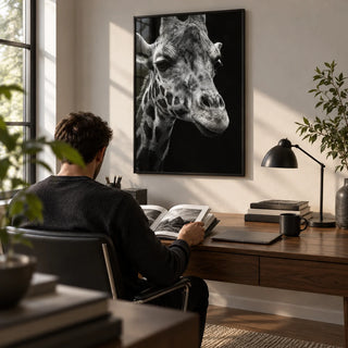 Giraffe Photography Poster, framed on the wall of a smart home office
