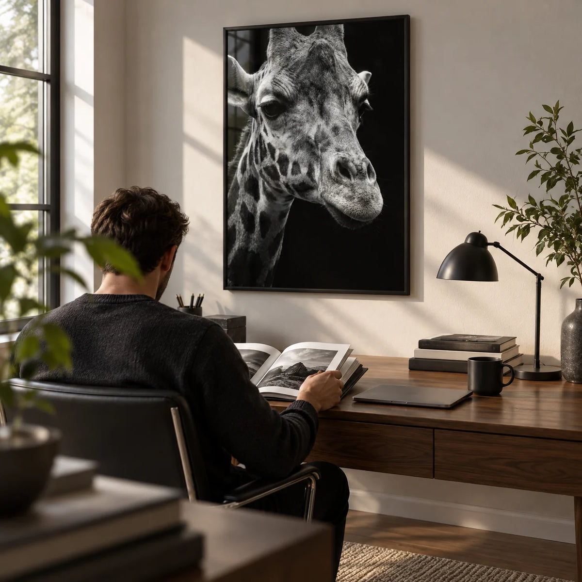 Giraffe Photography Poster, framed on the wall of a smart home office